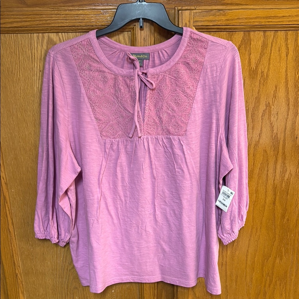 Style & Co. Pink Tie Front Blouse with Bib Collar
